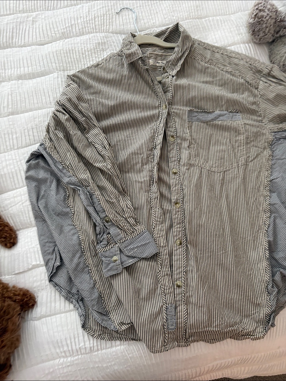 Free People Mixed-Stripe Button-Down Shirt in Beige and Gray